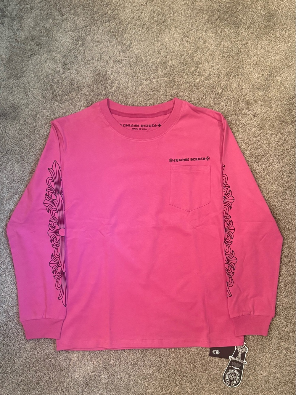 Chrome Hearts Hot Pink Long Sleeve Pocket Tee with Sleeve Motif
